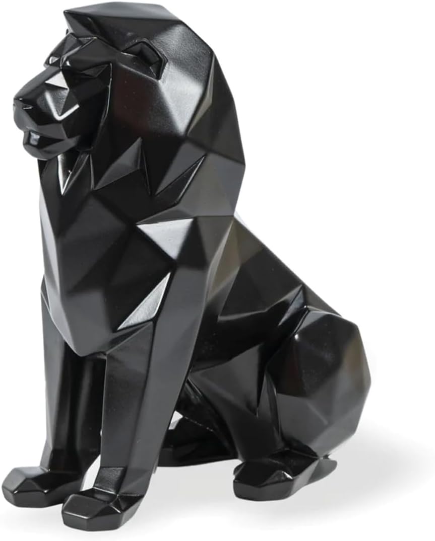 Black Lion Statue for Home Decor Geometric Style Sitting Black Lion Figurine Home Decorative Showpiece, Lion Idol for Office Decoration, Handmade Animal Statue Resin, Size 7.67 inch
