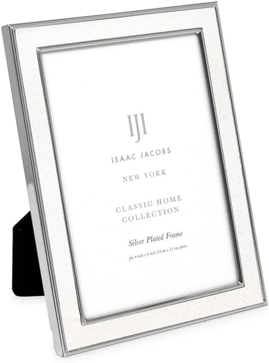 Isaac Jacobs 4x6 White Textured Leather (Vertical & Horizontal) & Silver Metal Picture Frame, with Black Fabric Easel, Wall-Mountable, Made for Tabletop, Home or Office (4x6, White W/ Silver)