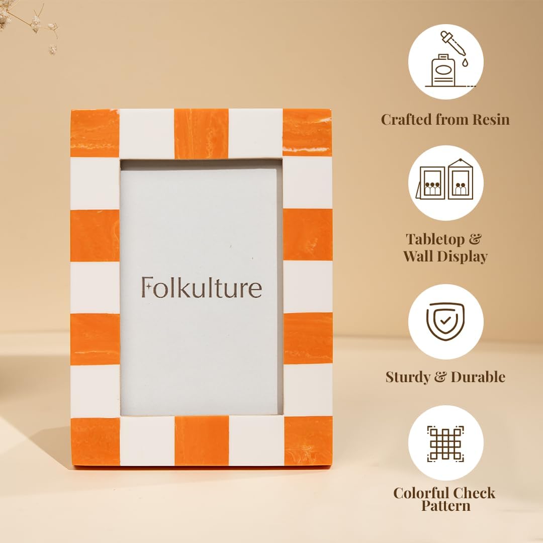 Folkulture Picture Frame | Stylish Marble Resin Unique 4x6 Photo Frame | Modern Wall Decor - Aesthetic Birthday Gift | Fall Orange & White Creative Photo Frame | Boho Living Room Home Decor