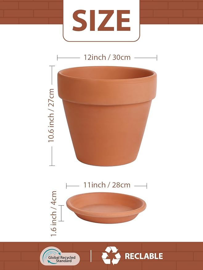 INGOFIN 12 Inch Terracotta Pot with Saucer - Ceramic Clay Pot for Plants with Drainage Hole, Large Terra Cotta Flower Planter with Tray for Indoor Outdoor Plants