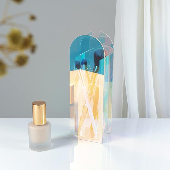 Iridescent Acrylic Vase for Artificial Flower Fake Eucalyptus Plant Leaves Office Home Decor Contemporary Tabletop Minimalist Geometric Mini Decoration Make Up Brushes Organizer Holder, Rainbowtall