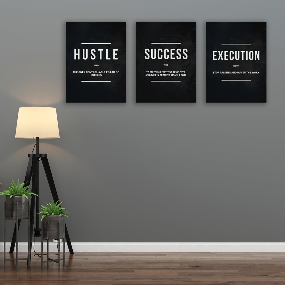 Inspirational Wall Poster Hustle Poster Success Goal Artwork Entrepreneur Quote Painting Motivational Office Wall Decor Art for Bedroom Living Room Home Decoration Framed 20inch x28inch x3pieces