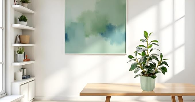 14.6'' Fake Plant Ficus Leaves Artificial Plant in Light Green Ceramic Stripe Planter Faux Real Looking and Touching Evergreen for Home Living Room Indoor & Outdoor