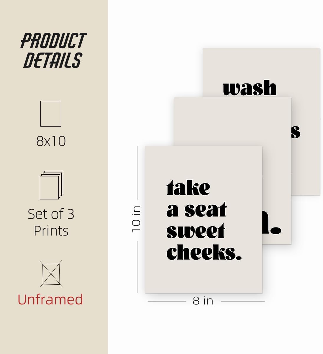 ETVISO Bathroom Wall Decor Set of 3, Minimalist Modern Restroom Wall Decor, Sweet Cheeks Sign, 8x10 (Unframed)