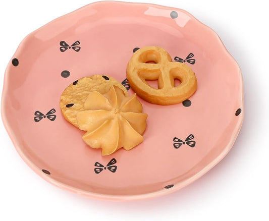 Koythin Ceramic Dessert Plates, Cute Fruits Dinner Plate, Creative Plates Design, Printed Flowers Dinnerware for Office and Home, Kitchen Plates for Desserts (Pink Small Bow)