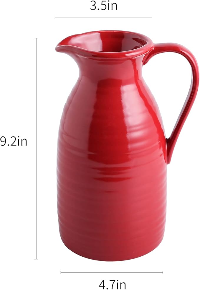 hjn hjn Farmhouse Pitcher Vase for Flowers- Ceramic Pitcher Vase Red Decorative Pitcher for Your Kitchen/Home Decor/Office/Living Room/Bookshelf/Mantel/-Red