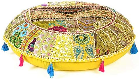 Eyes of India Round Floor Seating Meditation Patchwork Pillow Cushion Cover Colourful Decorative Throw Indian Bohemian Accent Boho Chic Handmade Cover Only (Yellow, 22" x 22")