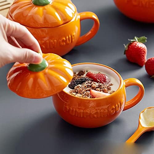 YBK Tech Cute Pumpkin Cup, Ceramic Coffee Mug, Tea Cup with Lid and Spoon (15.5oz)