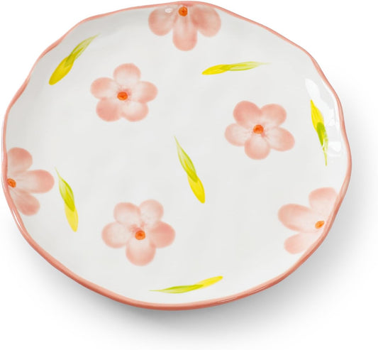 Koythin Ceramic Dessert Plates, Cute Fruits Dinner Plate, Creative Plates Design, Printed Flowers Dinnerware for Office and Home, Kitchen Plates for Desserts (Pink Large Petals)