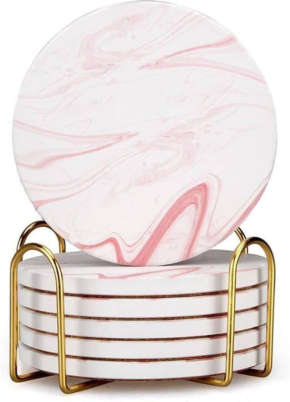 Cute Pink Marble Coasters Set of 6 Pack Stone Coffee Table Decor Absorbent Ceramic Cup Coaster with Holder Decorative Tea Bar Accessories Gift Kitchen Desk Coster Drink Modern Funny Aesthetic Coasters