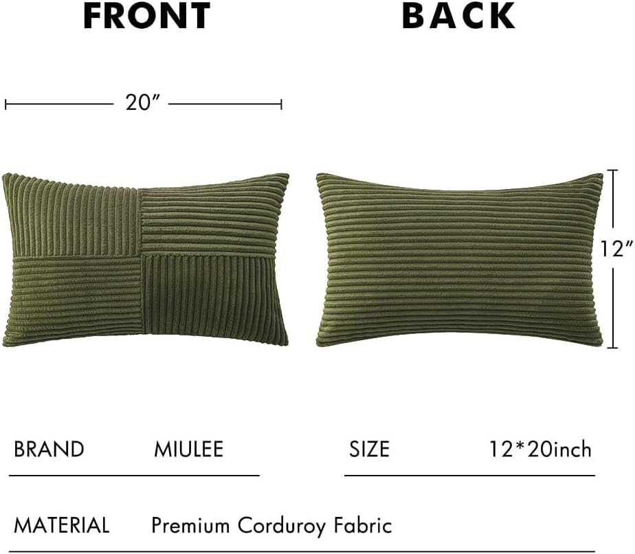 MIULEE 12x20 Inch Boho Lumbar Accent Pillows Set of 2 - Olive Green Corduroy Textured Throw Pillow Covers with Cross Patchwork Design, Soft Spliced Decorative for Sofa, Bed & Reading Nook