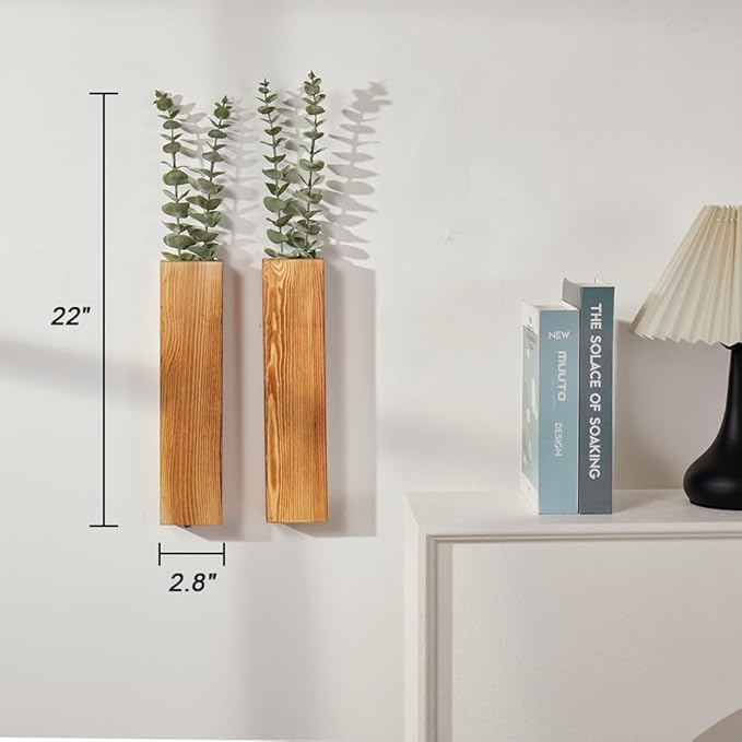 2-Pack Wood Wall Planters with 4 Removable Faux Eucalyptus Stems - Modern Farmhouse Wall Decor for Living Room, Bedroom, Bathroom - Wooden Wall Vases and Fake Eucalyptus for Home Office Decor