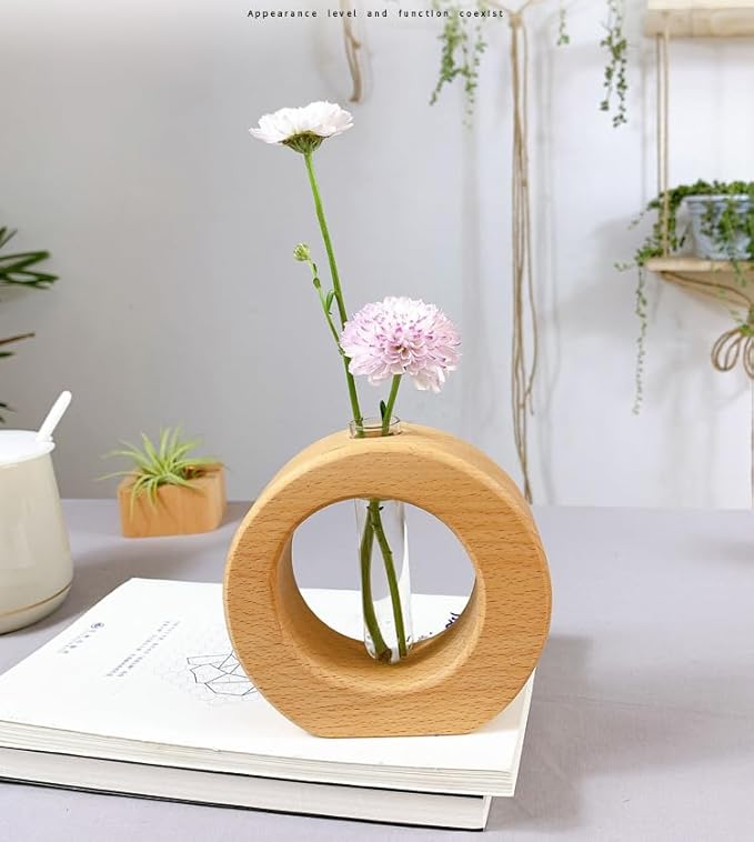 WONQEXZ Tabletop Vase,Modern Boho Planter Propagation Vase,Indoor Plant Pots for Desk Decor,Yellow Wooden Flower Vase,Plant Gift,1.6 * 4.9 * 4.3in,Plants Not Included