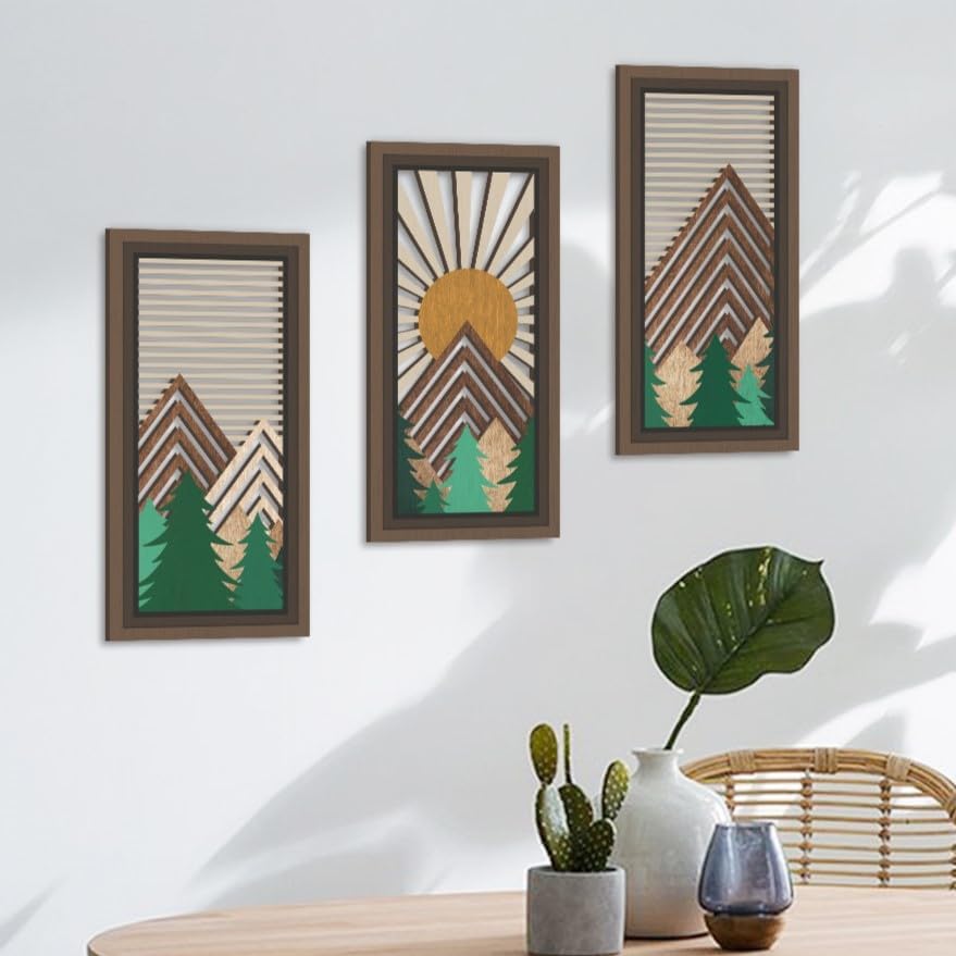 IARTTOP 3 Pcs Boho Mountain Wooden Wall Art Minimalist Geometric Artwork Pine Tree Sunrise Wood Wall Decor Bohemian Forest Hanging Decor for Living Room Bedroom Office 7.9 x15.8 Inch
