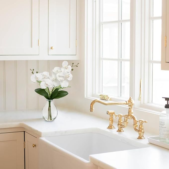 White Orchids Artificial Flowers, Faux Orchid in Glass Vase Real Touch Small Phalaenopsis Orchid Flowers Arrangements with Clear Vase Orchid Centerpiece for Dining Room Table