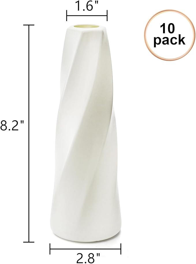 10 Pack White Flower Vases Bulk, 8" Modern Style Vases, Composite Plastic Unbreakable Bud Vase, Tall Conic Floral Vase for Centerpieces Bouquet Home Decor Wedding Party Dinner Table
