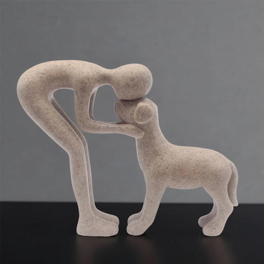 Human and Dog Statue Decoration, Cute Pet Sculpture Home Decor Tabletop Ornament Figurines Office Living Room Bedroom Home, for Dog Lovers Friends Family Decoration, Sandstone Color