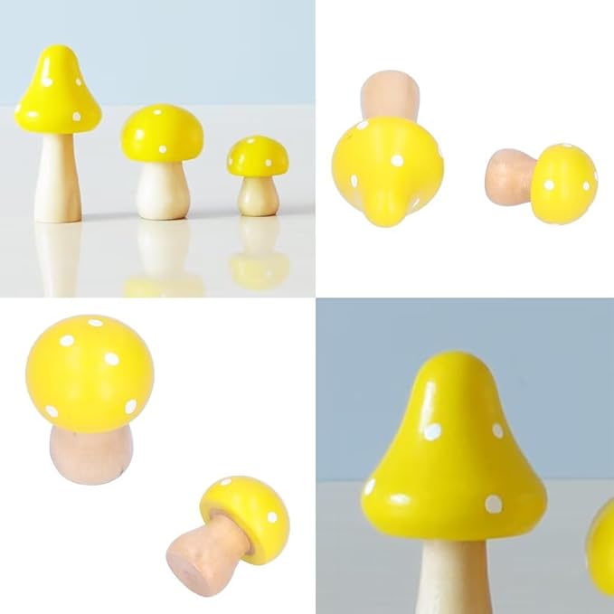 3Pcs Mushroom Decor Wooden Mini Figures Fairy Garden Accessories 2.9in 1.8in 1.2in Cute Miniature Mushrooms Home Decor for Bedroom Office Bonsai Fairy Garden Yellow