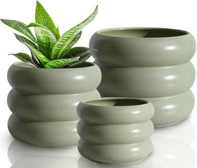 3 Piece Modern Ceramic Planter, 6.5/4.7/3.5 Inch Green Plant Pot Set of 3 Unique Planters for Outdoor Indoor Flower Pots Plants with Drainage Holes Home & Office Decor with Mesh Pad
