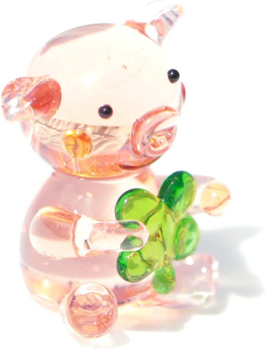 Miniature Hand Blown Glass Pig Figurine Crystal Animal Decor, Home Statues Collectible Figurines 3D Animal Ornament for Women & Men Lucky Clover