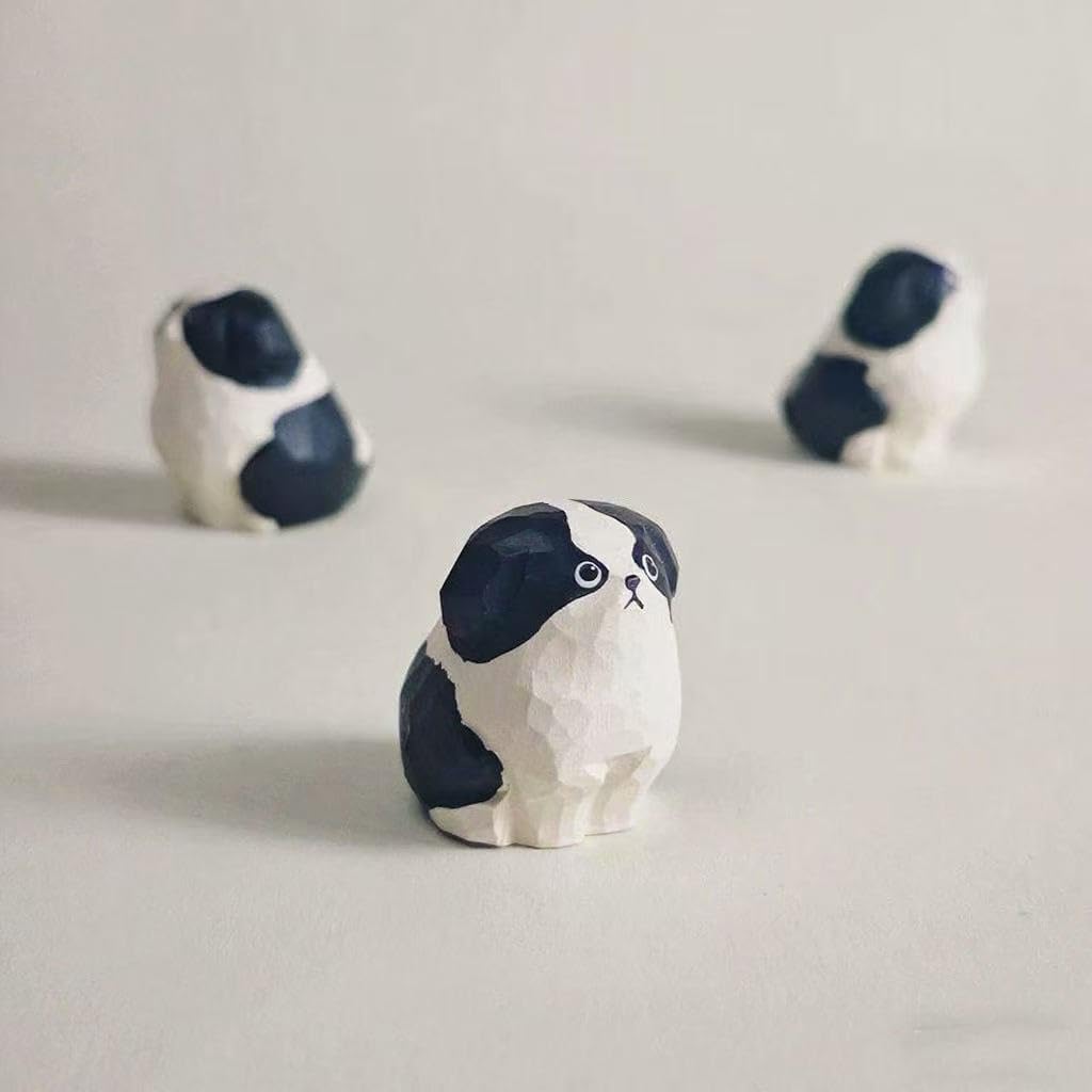 HandCarved Wooden Border Collie Figurine – Small 1.4" Carved Dog Statue with Round Base, Cute Desk or Shelf Decor, Unique Collectible Pet Memorial and Thoughtful Gift for Dog Lovers