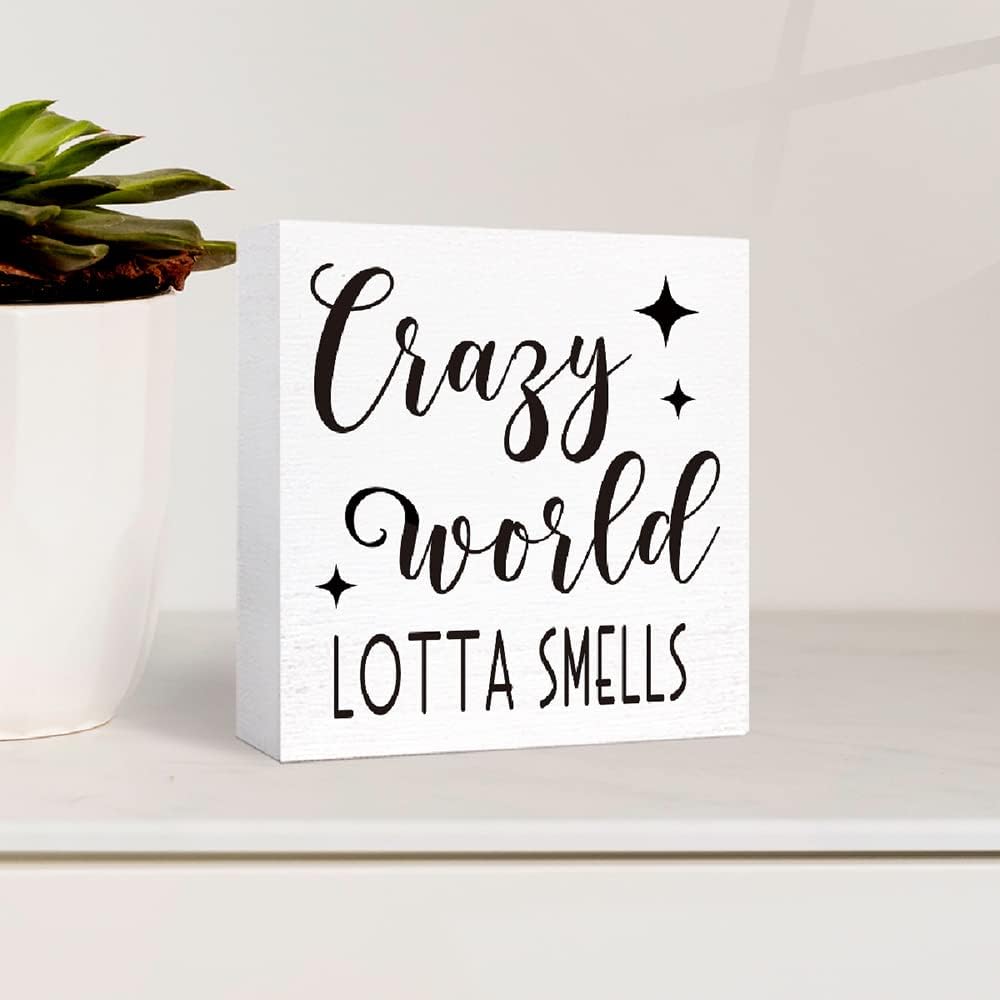 Funny Crazy World Lotta Smells Wood Block Sign for Shelf, Tabletop Decor - Farmhouse Bathroom Wooden Box Sign