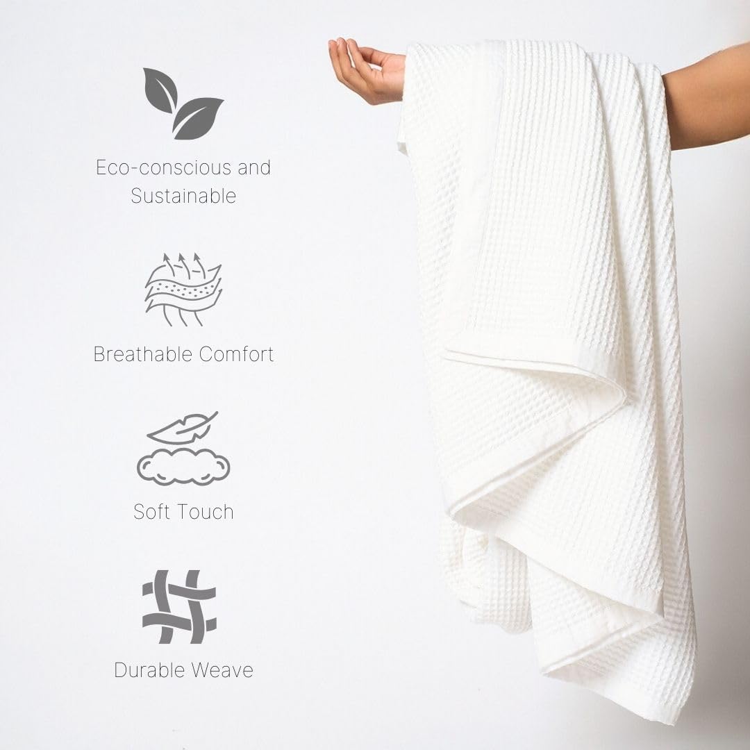 GOTS Certified Organic Cotton Waffle Weave Blanket, Queen Bed Size, 90"X90"Cozy Throw Blanket for Couch, Modern Home Decor, Throw Blankets, Comfy Waffle Blanket & Soft Bed Blankets -White