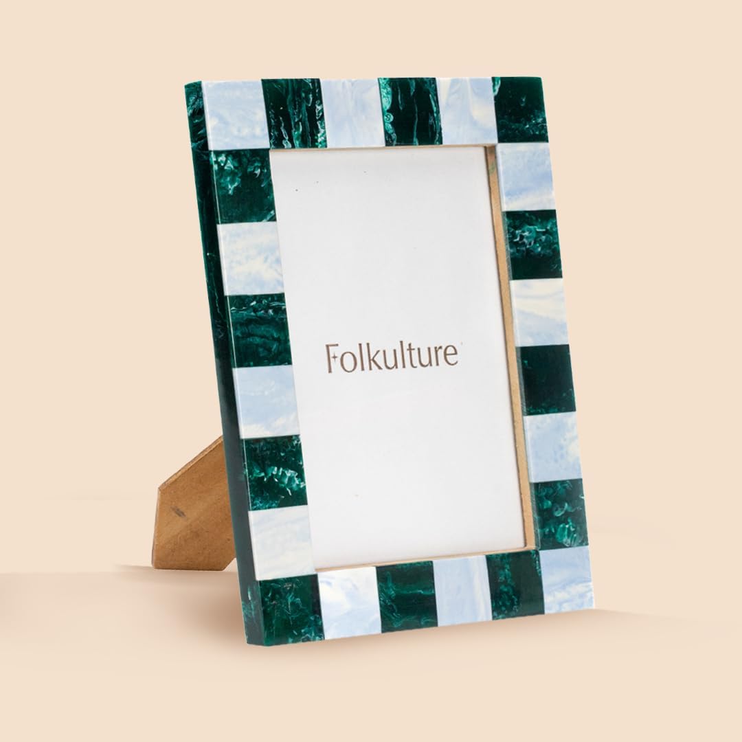 Folkulture Picture Frame | Stylish Marble Resin Unique 5x7 Photo Frame | Modern Wall Decor - Aesthetic Birthday Gift | Forest Fall Green & Pastel Blue Photo Frame | Boho Living Room Home Decor