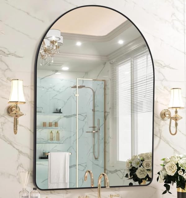 FORBATH Arched Mirror 30x50 Inch, Black Bathroom Mirror Wall Mounted Modern Black Aluminum Alloy Frame Decor Large Dresser Mirror for Bedroom Living Room Entryway, Hanging or Leaning Against Wall