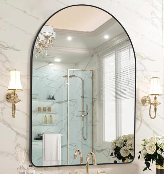 FORBATH Arched Mirror 30x50 Inch, Black Bathroom Mirror Wall Mounted Modern Black Aluminum Alloy Frame Decor Large Dresser Mirror for Bedroom Living Room Entryway, Hanging or Leaning Against Wall