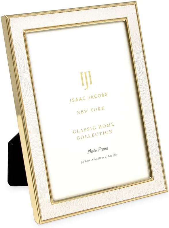 Isaac Jacobs 4x6 White Textured Leather (Vertical & Horizontal) & Gold Metal Picture Frame, with Black Fabric Easel, Wall-Mountable, Made for Tabletop, Home or Office (4x6, White W/ Gold)