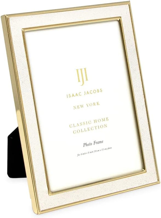 Isaac Jacobs 4x6 White Textured Leather (Vertical & Horizontal) & Gold Metal Picture Frame, with Black Fabric Easel, Wall-Mountable, Made for Tabletop, Home or Office (4x6, White W/ Gold)