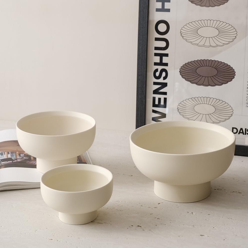 High-foot Fruit Bowl, Ceramic Pedestal Decorative Bowl, Round Bowl for Salad, H3.8" × W6.7" Small Size, 27oz, Matte Crème