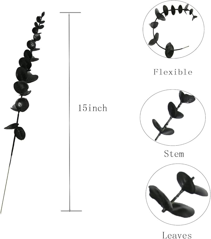 Tinsow Black Artificial Eucalyptus Stem Bulk Halloween Faux Eucalyptuses Wedding Bouquet Centerpiece Home Decor (65, Black)