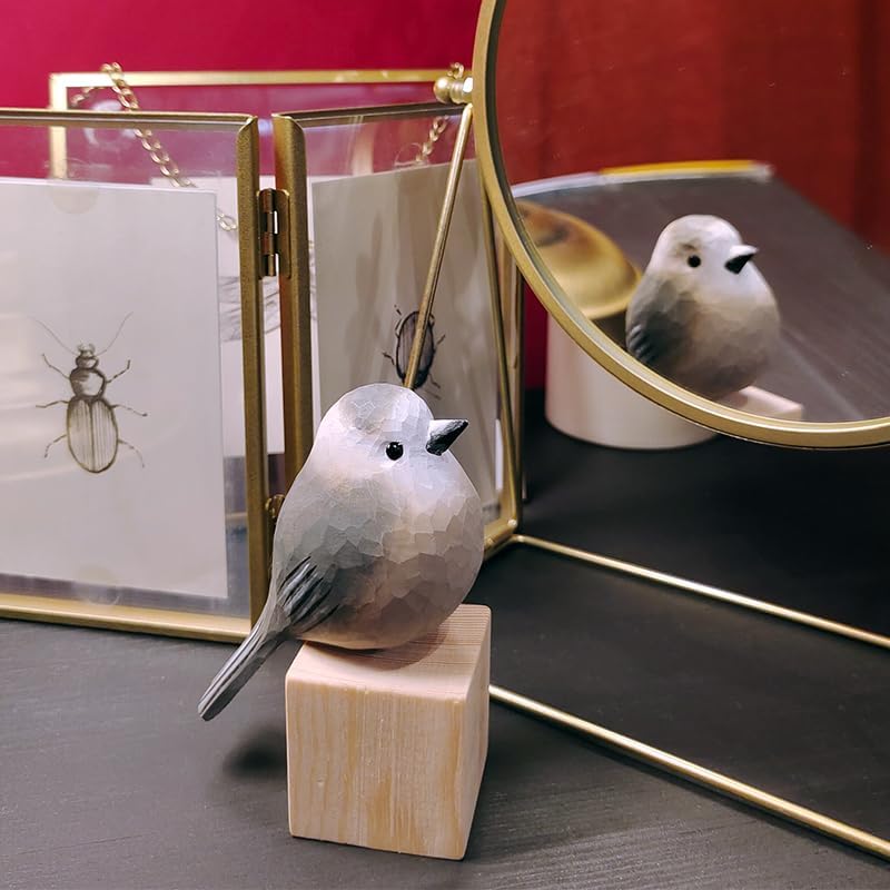 Handmade Wooden Carved Bird Decor Sculpted Hand-Painted Bird Figurines Small Home Decor Bird Statue Shelf Decor BFF Gifts for Bird Lovers (Gray Jay)