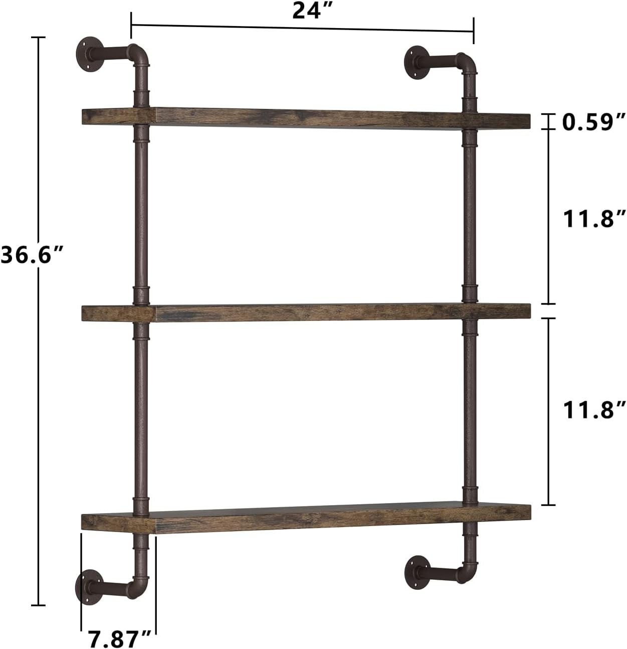 Industrial Pipe Shelf Wall Mounted, Rustic Wood Floating Shelves, 3 Tier Wall Display Bookshelf, Storage Rack Sundries Holder for Kitchen Office Bathroom Organization and Home Decor (24inch x 2)
