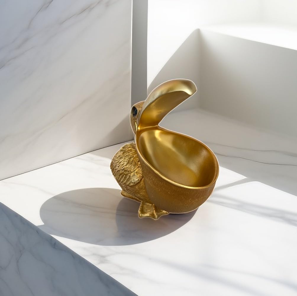 Creative Resin Statues The Pelican Statue Birds Figurines,Cell Phone and Keys Holder Adornments for Home & Office Desk Decor 8.1" inches (Gold)