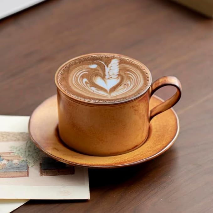 Vintage Fall Yellow Ceramic Coffee Mug with Saucer Set 9.5 Oz Porcelain Coffee Mug Set for Cappuccino,Lattes,Tea,Coffee Lovers Thanksgiving Gifts CM10 (Yellow 01)