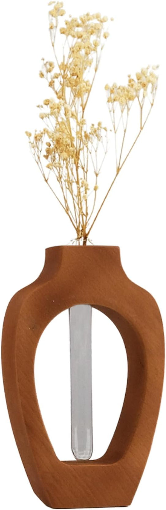 Wood Vase for Flowers Decor | Modern Boho Minimalist Vase Circle with Hole Decorative Vases Home Offices Living Room Table Vase Decorations (Wood-Vase-3)