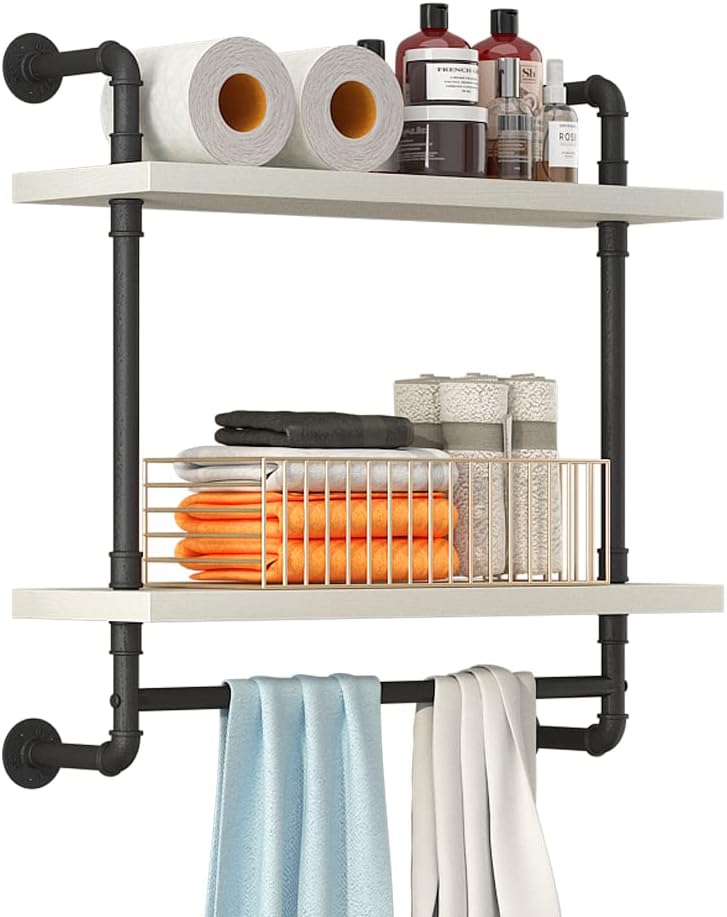 Helsin 24inch Industrial Pipe Shelving Bathroom Shelves Wall Mounted with Towel bar, 2 Tier Rustic Wood Floating Shelf, Metal Towel Rack Wall Shelf for Home & Bathroom (White, 24inch)