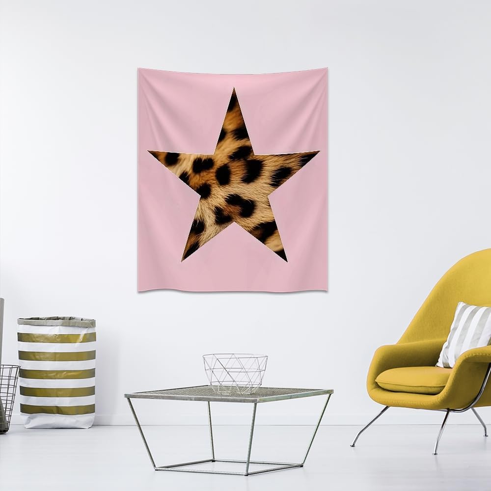 Medpol Pink Leopard Star Tapestry, Boho Chic Fashion Wall Hanging Trendy Animal Print Star Decor Tapestries Stylish Pink Aesthetic Wall Art for Bedroom Living Room 60x80inch
