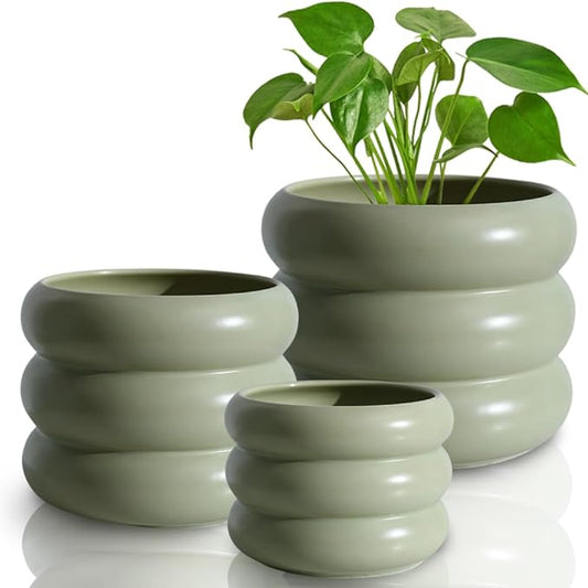 3 Piece Modern Ceramic Planter, 6.5/4.7/3.5 Inch Green Plant Pot Set of 3 Unique Planters for Outdoor Indoor Flower Pots Plants with Drainage Holes Home & Office Decor with Mesh Pad