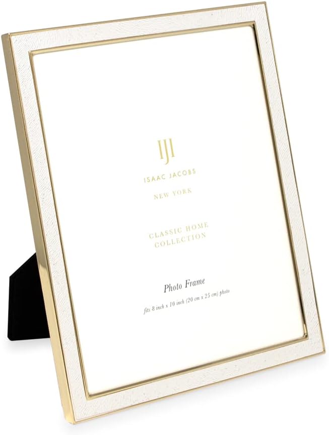 Isaac Jacobs 8x10 White Textured Leather (Vertical & Horizontal) & Gold Metal Picture Frame, with Black Fabric Easel, Wall-Mountable, Made for Tabletop, Home or Office (8x10, White W/ Gold)
