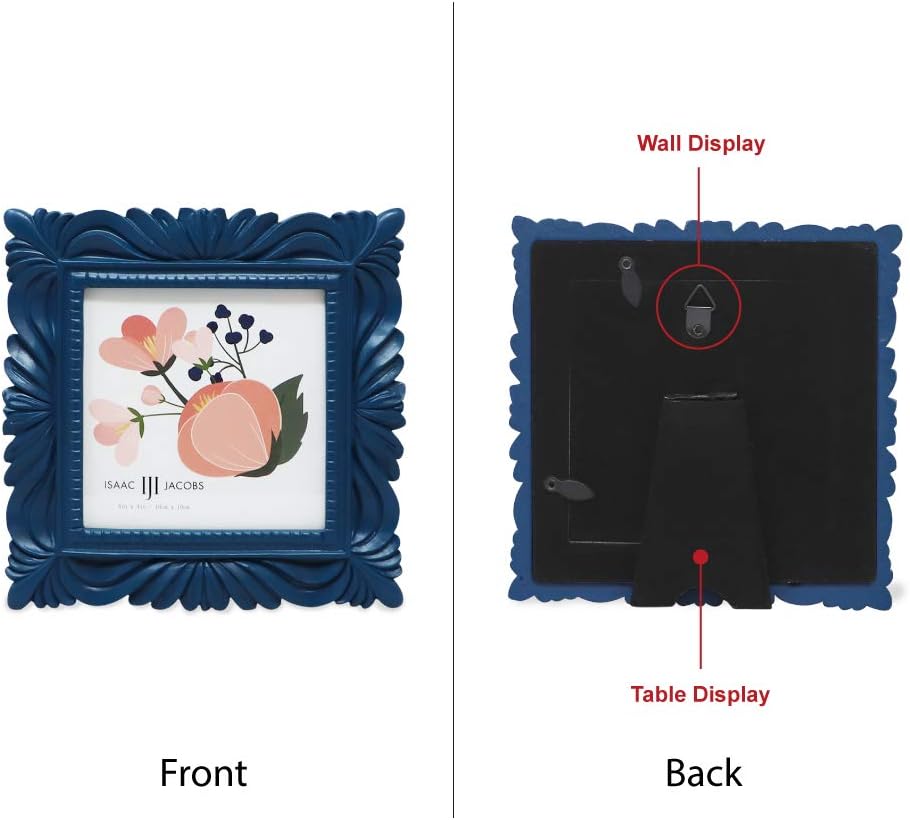 Isaac Jacobs 4x4 Navy Wave Textured Hand-Crafted Resin Picture Frame with Easel & Hook for Tabletop & Wall Display, Decorative Swirl Design Home Décor, Photo Gallery, Art, More (4x4, Navy)