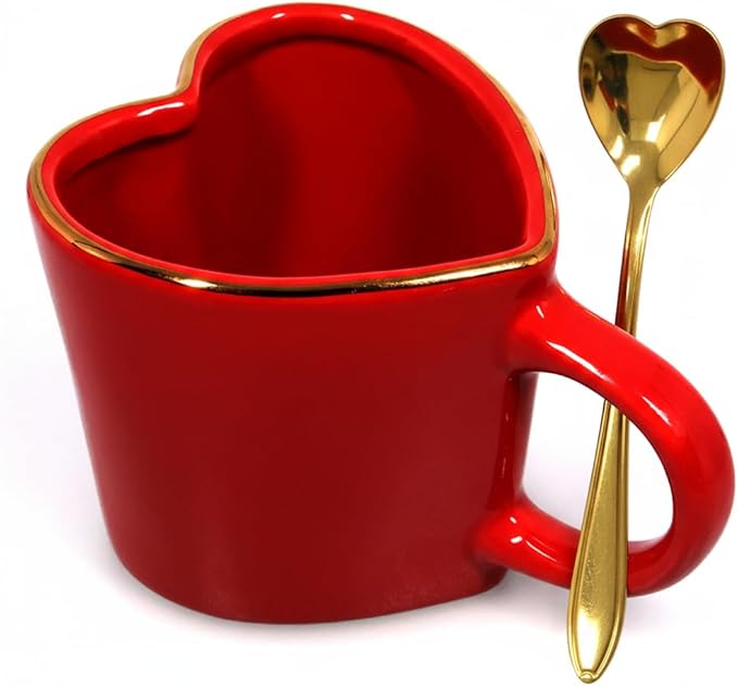 15.5 oz Large Heart Mug with Gold Heart Spoon – Romantic Stoneware Coffee Cup, 460ml Holiday Drinkware, Christmas, Anniversary, Birthday Gifts for Couples, Her, Boyfriend, Girlfriend