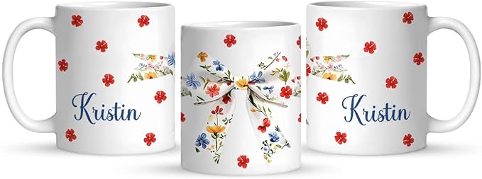 1PCS Personalized Name White Coffee Mug, Custom Floral Bow Full Wrap Cup 11oz or 15oz, Bow with Colorful Wildflowers on Ceramic Cup, Cute Spring-Inspired White Mug, Gifts for Her
