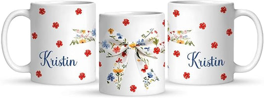 1PCS Personalized Name White Coffee Mug, Custom Floral Bow Full Wrap Cup 11oz or 15oz, Bow with Colorful Wildflowers on Ceramic Cup, Cute Spring-Inspired White Mug, Gifts for Her