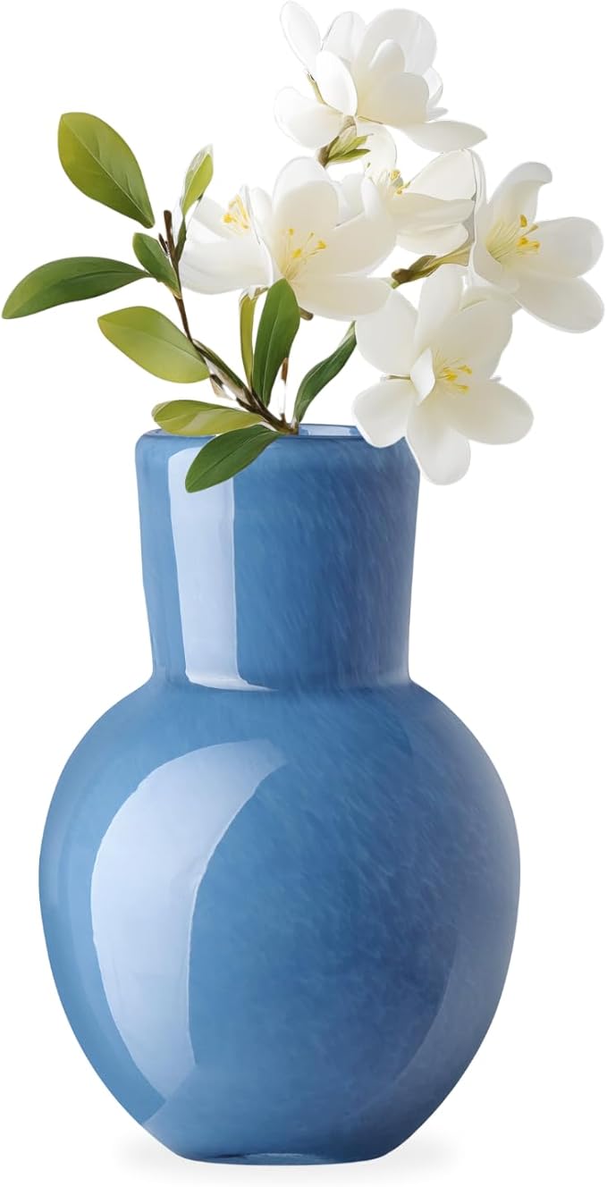 Torre & Tagus 6" Mouth Blown Art Glass Vase for Flowers - Opaque Blue Small Table Vase & Handmade Small Blue Accent for Coastal Home Decor, Neutral Bud Vases as Decorative Shelf Decor or Wedding