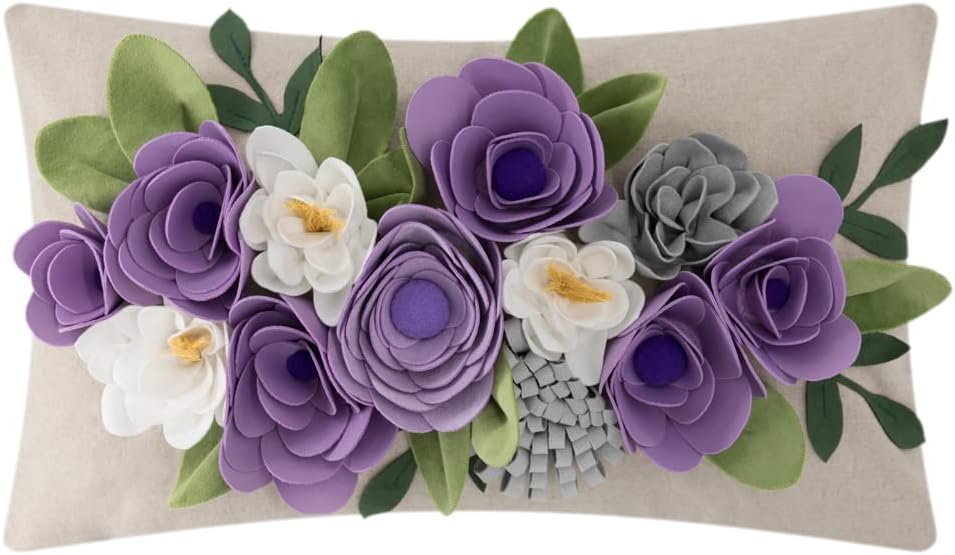 Decorative 3D Flower Throw Pillow Covers Accent Floral Pillowcases for Couch Bed Home Living Room Farmhouse Decor 12x20 Inch Purple