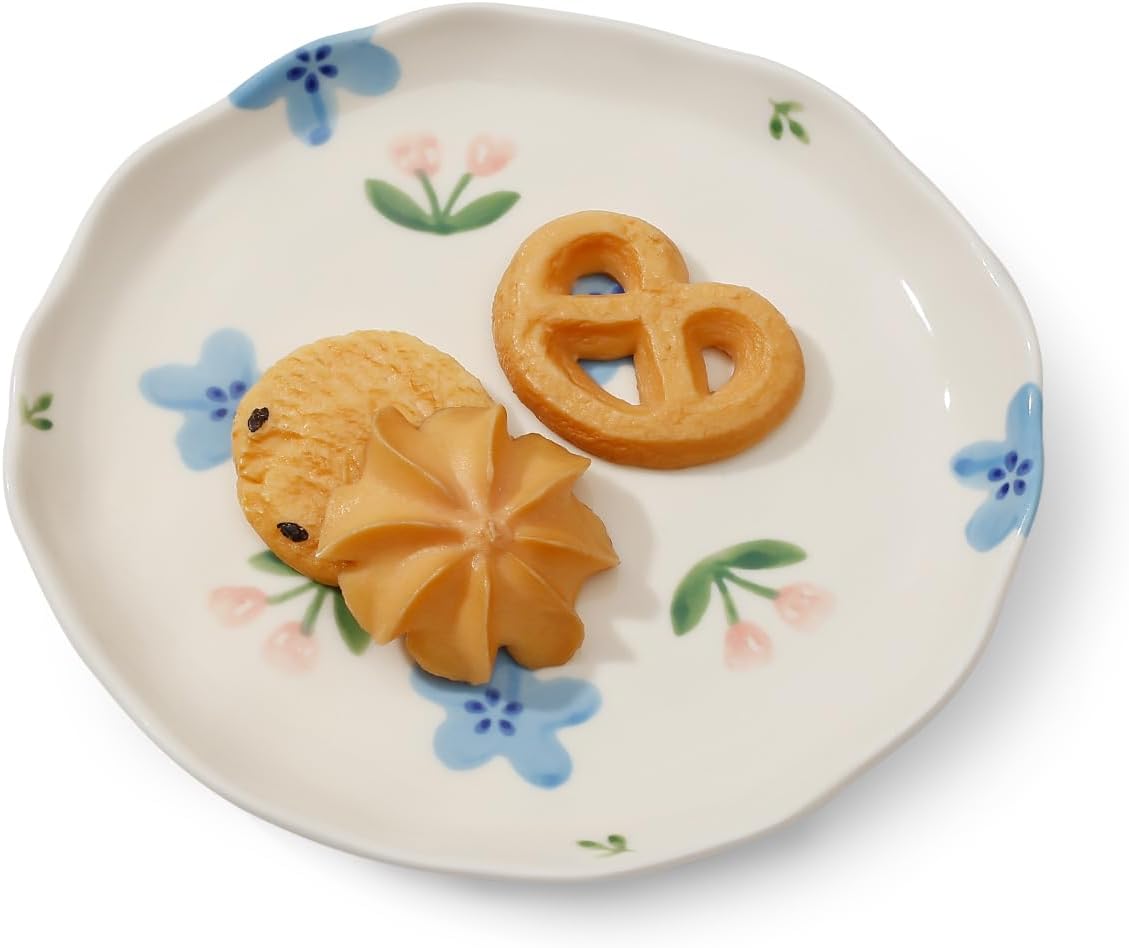 Koythin Ceramic Dessert Plates, Cute Fruits Dinner Plate, Creative Plates Design, Printed Flowers Dinnerware for Office and Home, Kitchen Plates for Desserts (Blue Flowers and Tulip)